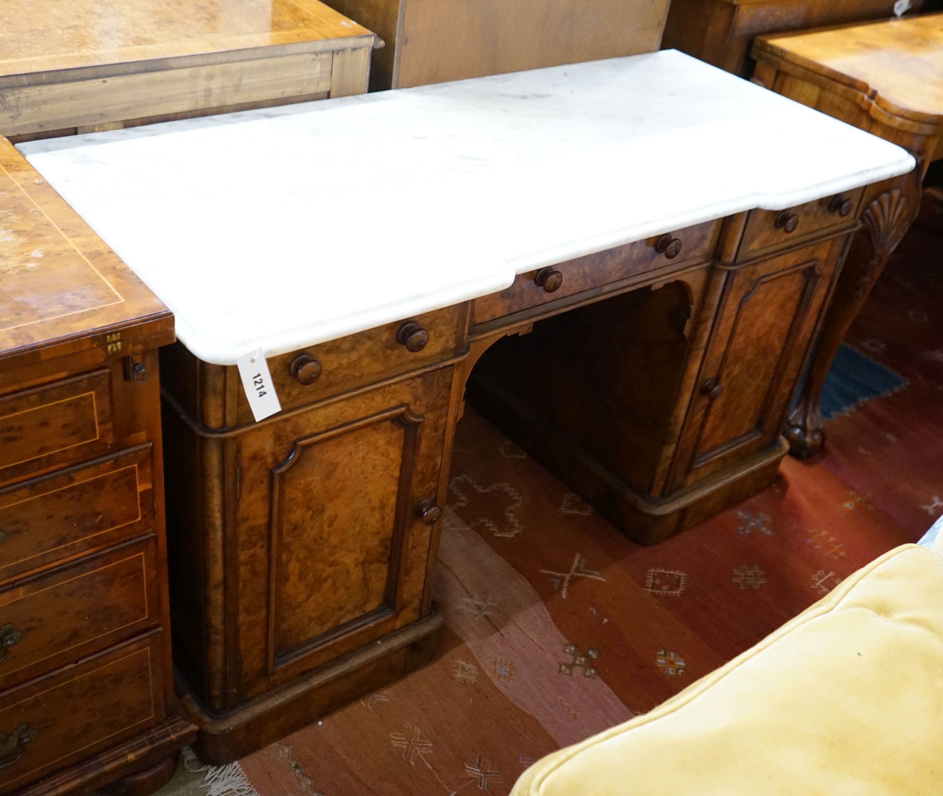 A Victorian burr walnut marble topped wash stand, width 29cm, depth 56cm, height 71cm